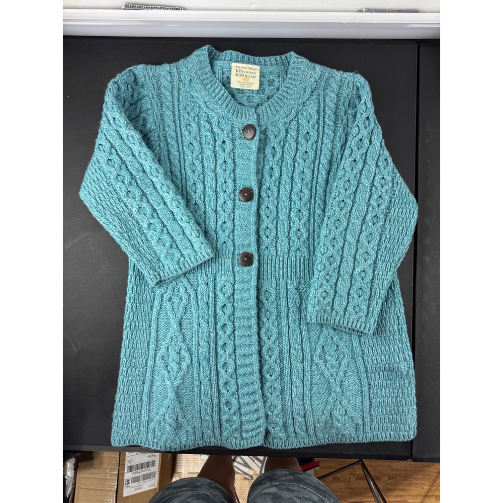 Kilronan‎ Knitwear Merino Wool Cable Cardigan Sweater Teal Blue Ireland S